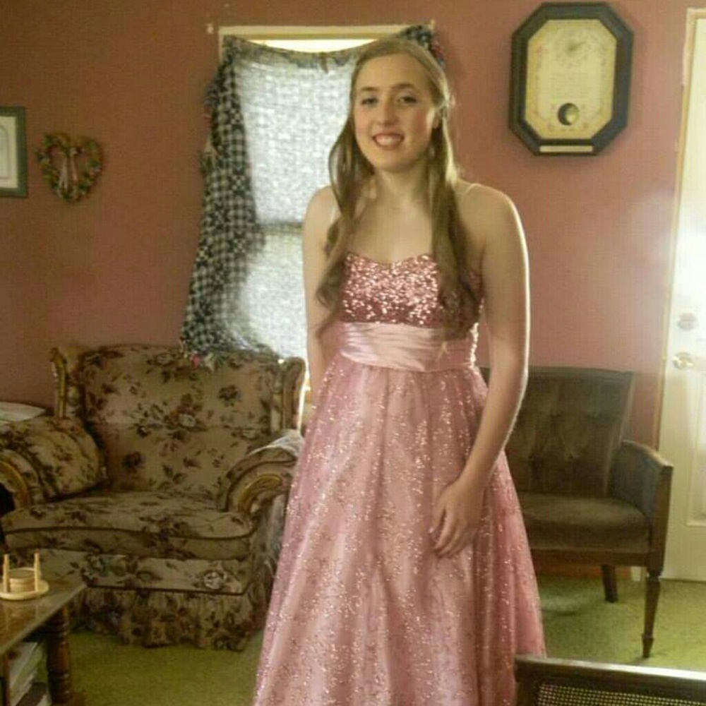 Rosy pink prom dress with thin straps